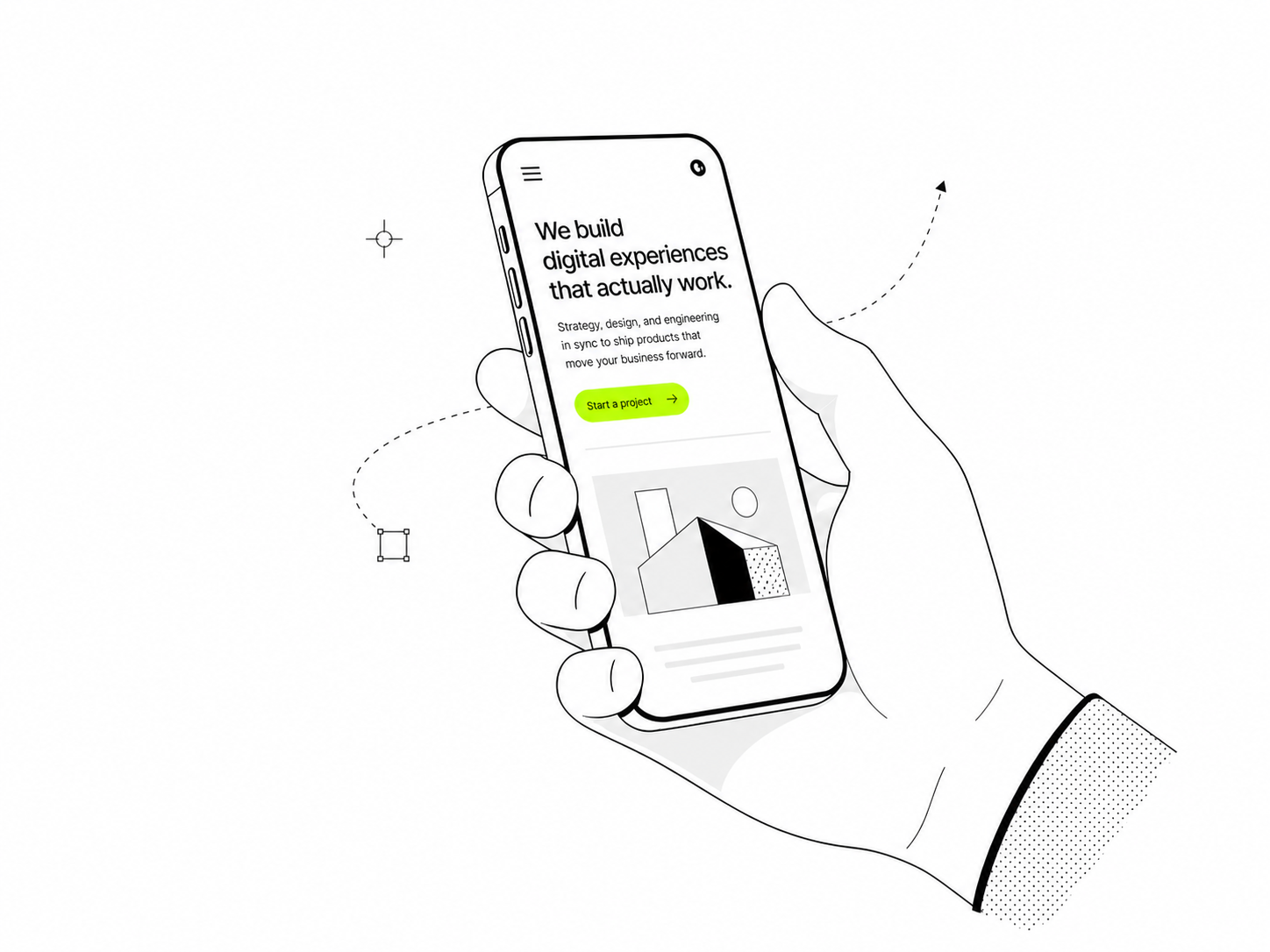 Illustrated hand holding a custom website on a phone